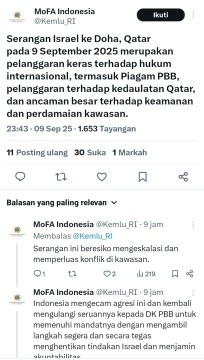 Postingan Kemlu Indonesia di Platform X-Twitter mengecam serangan Israel ke Doha. [X-Twitter]